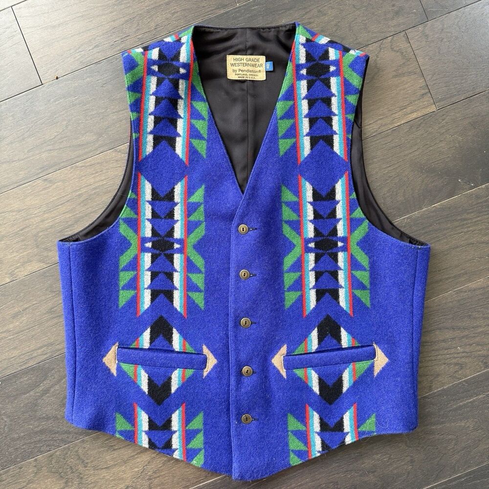 Vtg Pendleton High Grade Western Wear Wool Vest 42 Cobalt Blue Southwest Aztec
